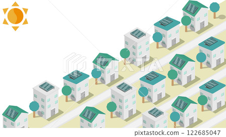 帶有複製空間的等距太陽能電池板的住宅區圖像材料 122685047