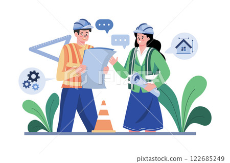 Construction Workers Discussing On Building Plan 122685249