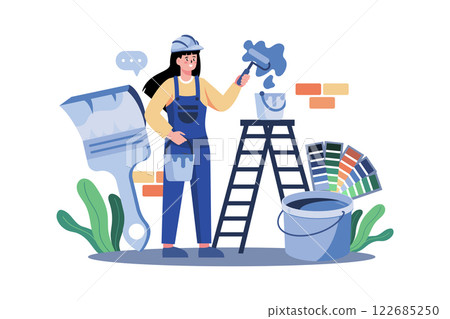 Woman Painter Painting Wall Illustration concept on white background Woman Painter Painting Wall Illustration concept on white background 122685250