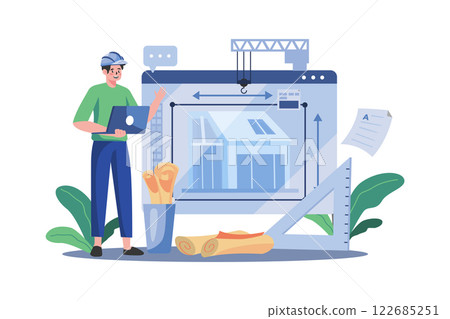 Man Contractor Working On Laptop Illustration concept on white background 122685251
