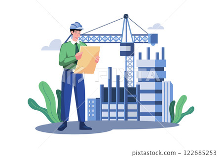Builder Looking Architectural Plan Of The Project 122685253
