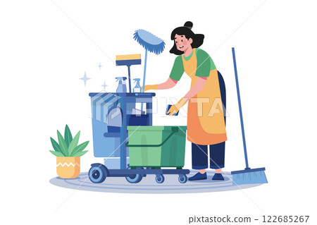 Female Cleaning Worker With Cleaning Equipment 122685267