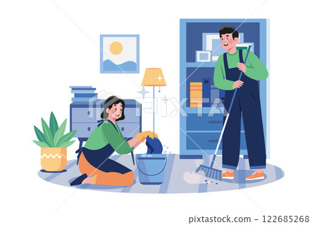 Cleaning Worker With Bucket And Broom Cleaning Worker With Bucket And Broom 122685268