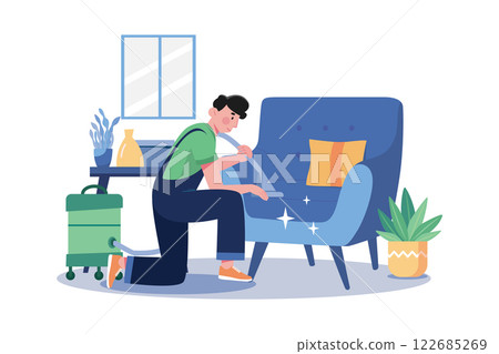 Man Cleaning The Sofa With The Vacuum Cleaner Man Cleaning The Sofa With The Vacuum Cleaner 122685269