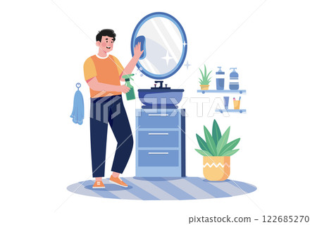 Man Cleaning Mirror In The Bathroom Man Cleaning Mirror In The Bathroom 122685270