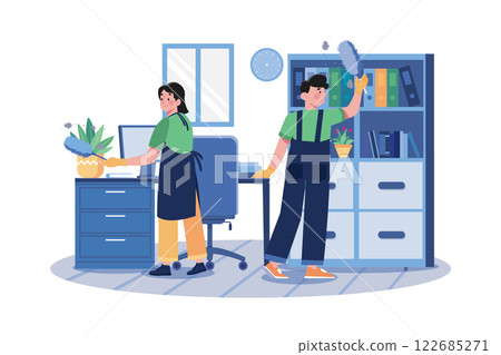 Worker Cleaning The Office With A Feather Brush 122685271