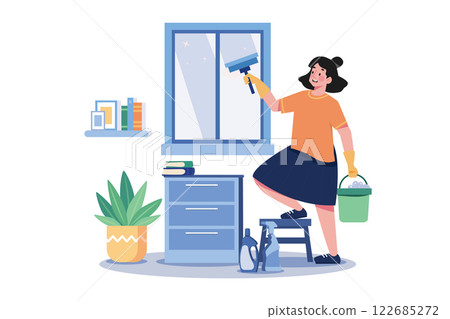 Woman Doing Window Cleaning With Cleaning Equipment Woman Doing Window Cleaning With Cleaning Equipment 122685272