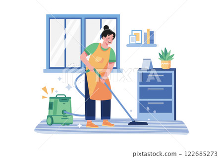 Cleaning Worker Cleaning Floor With The Vacuum Cleaner Cleaning Worker Cleaning Floor With The Vacuum Cleaner 122685273