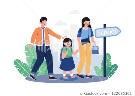Parents Take Their Children To School 122685301