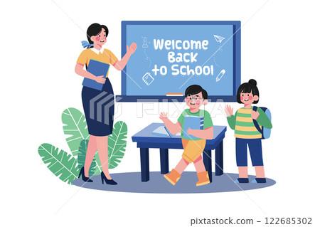 Teacher Welcomes Students Into The Class 122685302