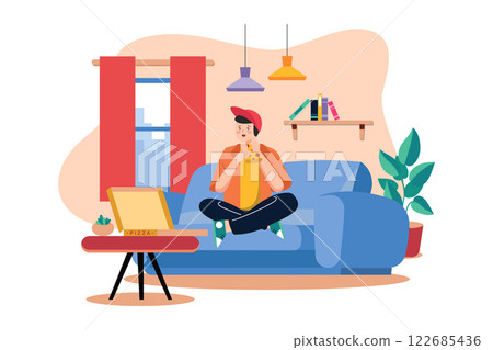 Boy Eating Pizza On Sofa Boy Eating Pizza On Sofa 122685436