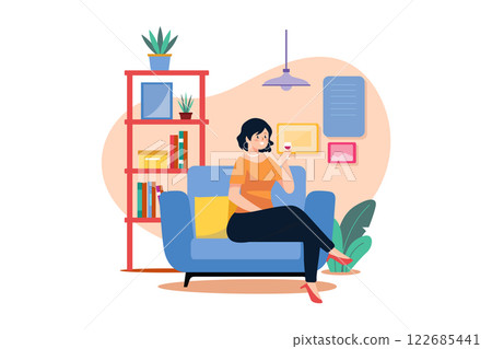 Female Sit On Armchair Holding Wineglass In Hand Female Sit On Armchair Holding Wineglass In Hand 122685441