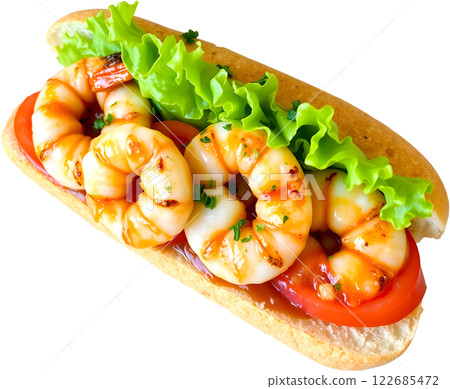 美味的蝦子三明治，配新鮮蔬菜和烤麵包 122685472
