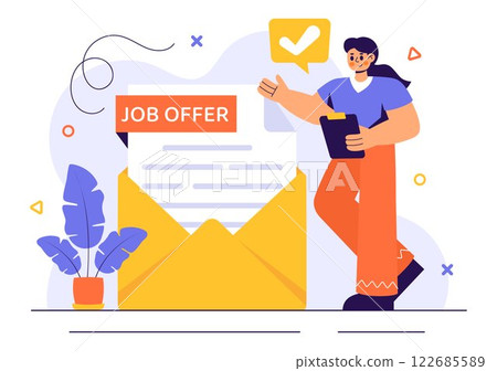 Job Offer Vector Illustration featuring a Businessman, Recruitment Process, Career Opportunities, and Company Vacancy in a Flat Style Background Job Offer Vector Illustration featuring a Businessman, Recruitment Process, Career Opportunities, and Company Vacancy in a Flat Style Background 122685589