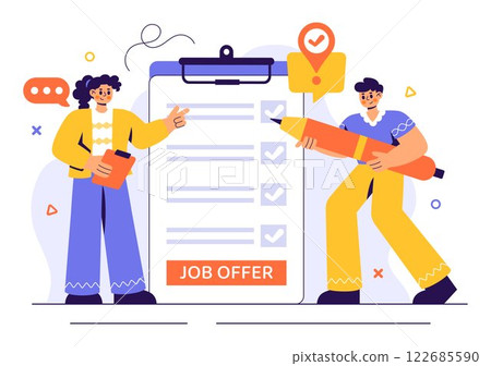 Job Offer Vector Illustration featuring a Businessman, Recruitment Process, Career Opportunities, and Company Vacancy in a Flat Style Background 122685590
