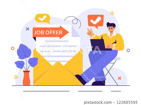 Job Offer Vector Illustration featuring a Businessman, Recruitment Process, Career Opportunities, and Company Vacancy in a Flat Style Background Job Offer Vector Illustration featuring a Businessman, Recruitment Process, Career Opportunities, and Company Vacancy in a Flat Style Background 122685595
