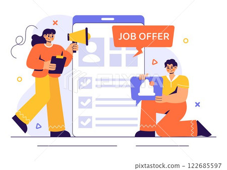 Job Offer Vector Illustration featuring a Businessman, Recruitment Process, Career Opportunities, and Company Vacancy in a Flat Style Background Job Offer Vector Illustration featuring a Businessman, Recruitment Process, Career Opportunities, and Company Vacancy in a Flat Style Background 122685597