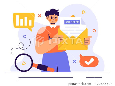 Job Offer Vector Illustration featuring a Businessman, Recruitment Process, Career Opportunities, and Company Vacancy in a Flat Style Background Job Offer Vector Illustration featuring a Businessman, Recruitment Process, Career Opportunities, and Company Vacancy in a Flat Style Background 122685598