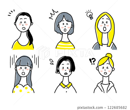 Simple line drawing illustration material set of surprised young woman icon 122685682