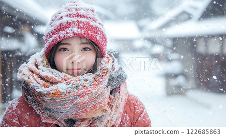 A young woman protecting herself from the cold with a woolen hat and scarf outside in the snow 122685863