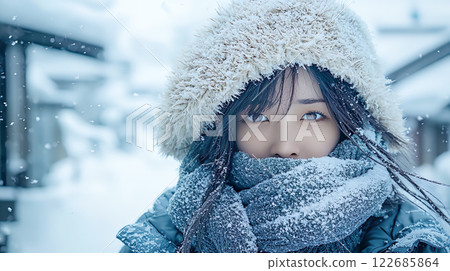 A young woman protecting herself from the cold with a woolen hat and scarf outside in the snow 122685864