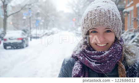 一位年輕的白人女子在雪地裡戴著羊毛帽和圍巾抵禦寒冷 122686012