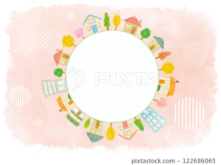 Cute cityscape drawn in a circular pattern in watercolor style - pink background 122686065