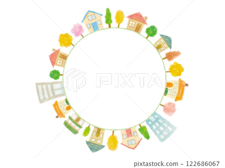 A cute townscape drawn in a circular pattern in watercolor style - white background A cute townscape drawn in a circular pattern in watercolor style - white background 122686067