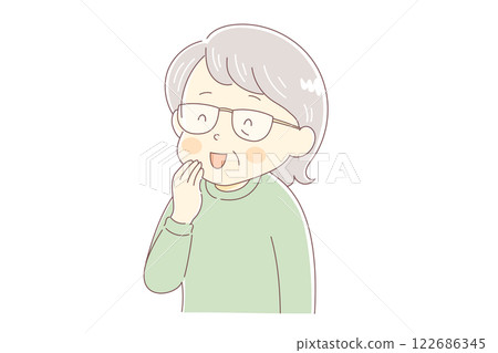 Elderly woman smiling with her hand over her mouth 122686345