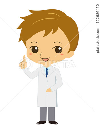 一個穿白大褂的男人指著，一個醫生的全身 122686450