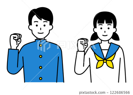 Set of male and female students doing fist pumps Set of male and female students doing fist pumps 122686566