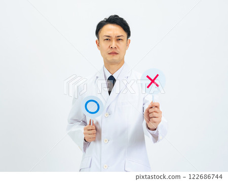 身穿白大褂的中年男性醫生/科學家臉上有十字標記 122686744