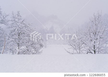 Snow fields and winter mountains shrouded in a snowstorm 122686855