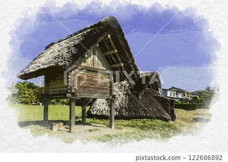Watercolor style, Shizuoka, Toro ruins, rice farming village, Shizuoka City, Shizuoka Prefecture 122686892
