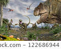 A Tyrannosaurus approaches a Deinonychus searching for prey. 122686944