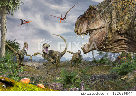 一隻暴龍接近一隻正在尋找獵物的恐爪龍。 122686944