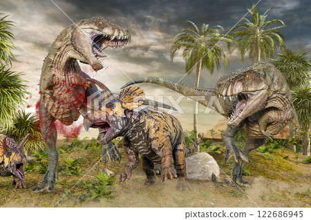 Triceratops fighting a Tyrannosaurus Triceratops fighting a Tyrannosaurus 122686945
