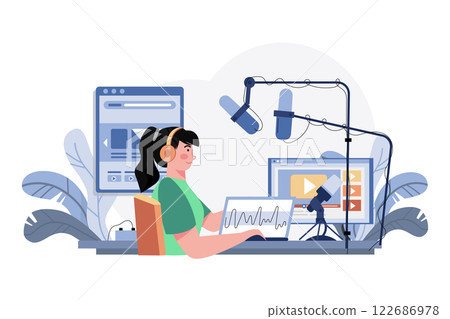 Woman Editing Podcast At The Studio Woman Editing Podcast At The Studio 122686978