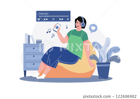 Woman Listening To A Podcast While Sitting On A Beanbag 122686982