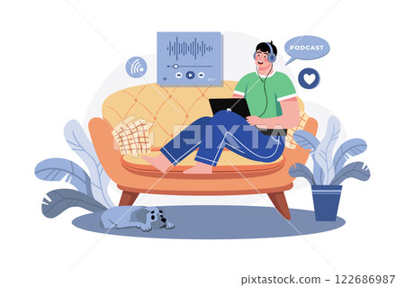 Man Listening To The Podcast While Sitting On A Couch 122686987