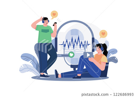 Couple Listening To A Romantic Podcast Couple Listening To A Romantic Podcast 122686993