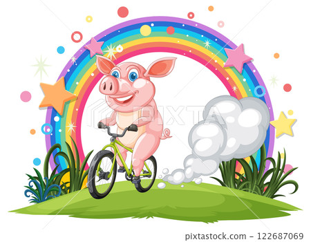 Pig Riding Bicycle Under Rainbow 122687069
