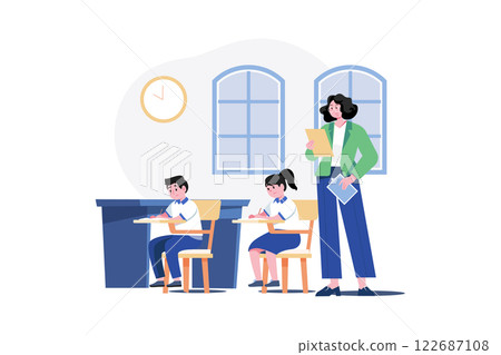 A test administrator oversees students while they take a test 122687108
