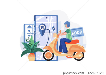 Food Delivery Service, A Male Courier With A Large Backpack 122687129