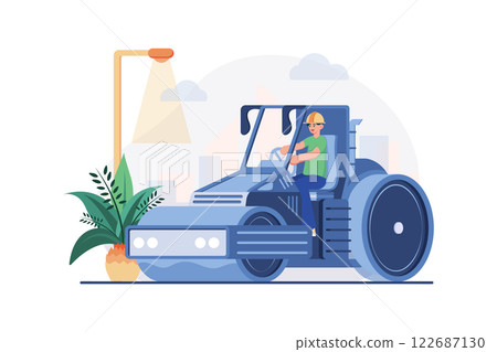 Worker Using Road Roller Makes Paving On Highway Or Street Worker Using Road Roller Makes Paving On Highway Or Street 122687130