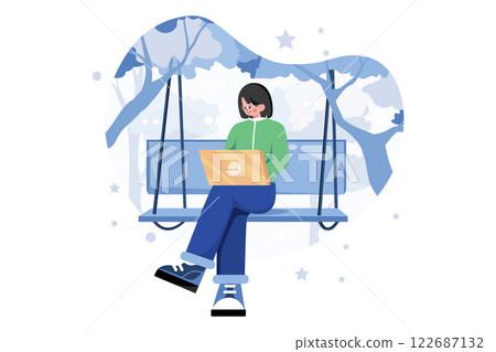 Businesswoman Working On Marketing Strategy While Seating On A Swing Businesswoman Working On Marketing Strategy While Seating On A Swing 122687132