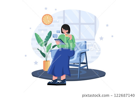 Woman Working On A Tablet While Drinking Coffee 122687140