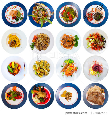 Collection of dishes on round plates Collection of dishes on round plates 122687458