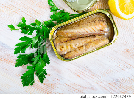 Canned mackerel fillets 122687479
