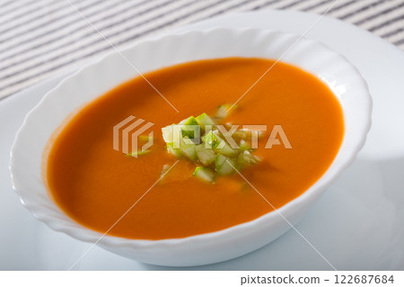 Andalusian fresh traditional cold soup gazpacho in bowl 122687684